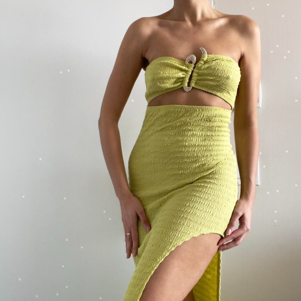 Lime green cut out strapless bodycon slit maxi dress gold rhinestone | Size S